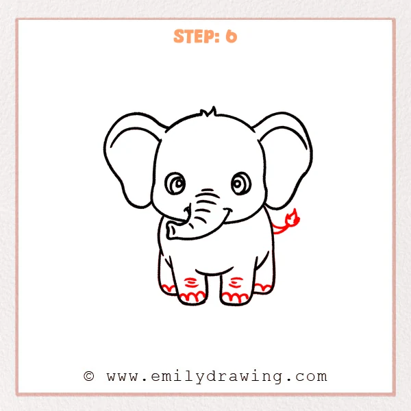 how to draw a baby elephant - Step 6: Baby elephant drawing with a small tail added and simple wrinkle and toe details on the legs.